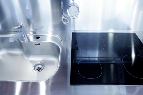 Kitchen silver sink and vitroceramic stove hob modern decoration