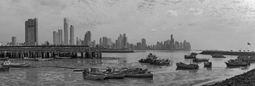 Panoramic view of the skyline of panama city in black and white