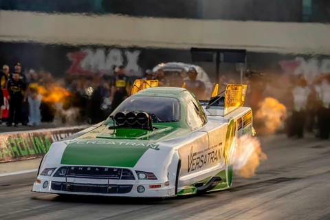 Sep 22, 2023-Concord, NC: NHRA Funny Car Series driver, Dave Richards, runs down the lane during a