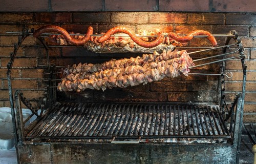 Grilled meal on a skewer in restaurant