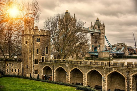 The Tower Bridge in London view in the sunset lights. Horizontal outdoors shot