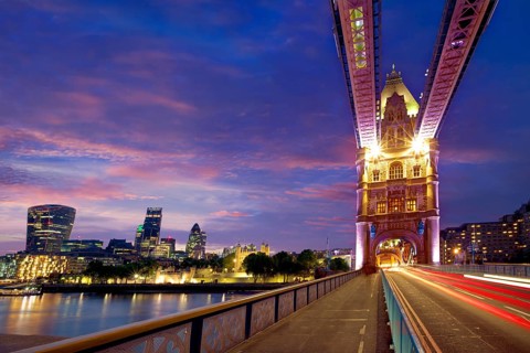 London Tower Bridge sunset on Thames river in England