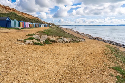 Beach Huts on the Channel Coast in Barton-on-sea, Hampshire, England, UK