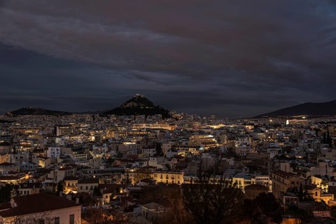 Athens Old Town, Attica, Greece, 12 28 2019 View over the Athens skyline and the Lycabettus hill