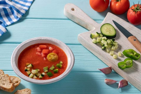Gazpacho Andaluz is an Andalusian tomato cold soup from Spain with cucumber, garlic, pepper on