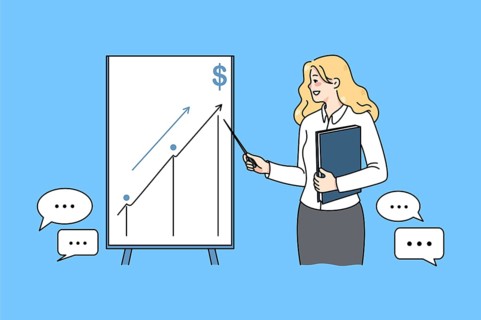 Successful businesswoman make presentation on flipchart develop business idea. Female coach or