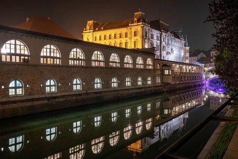 Iconic building of the central market in Ljubljana illuminated at night, Slovenia, Europe