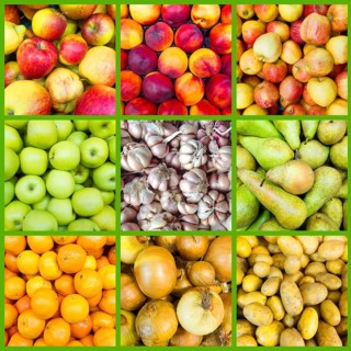 Collage of nine fruit and vegetable backgrounds
