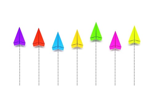 Paper planes competition colors on white background 3D illustration