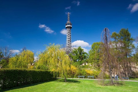 Lookout tower on the Petrin Hill in flowering spring park