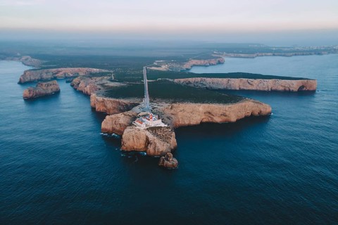 Drone shot, southern tip, Sagres, lighthouse, blue hour, Portugal, Europe