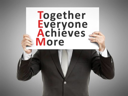 A business man holding a paper in front of his face with the text Together Everyone Achieves More