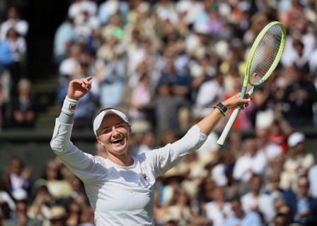 Czech tennis player Barbora Krejcikova celebrating at the 2024 Wimbledon Championships, London,