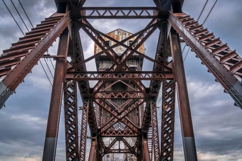 A detail of historic railroad Katy Bridge over Missouri River at Boonville with a lifted midsection