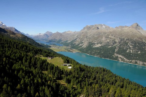 Marvellous Swiss Alpine panorama from Corvatsch to the glacial lakes of the Upper Engadine