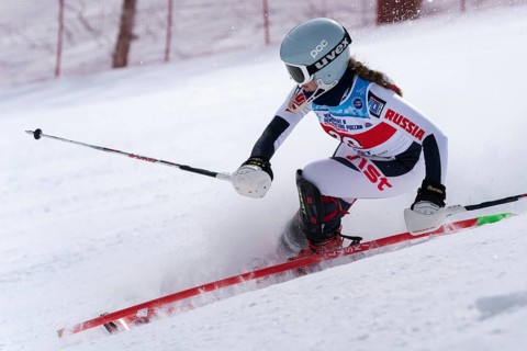MOROZNAYA MOUNTAIN, KAMCHATKA PENINSULA, RUSSIA, MARCH 29, 2019: Russian Alpine Skiing Cup,
