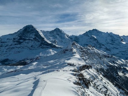 Eiger North Face and Monch Mountains in Winter. Swiss Alps. Switzerland. Aerial View