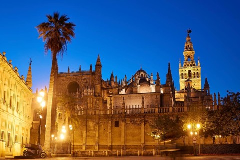 Seville cathedral sunset and Giralda in Sevilla Andalusia Spain