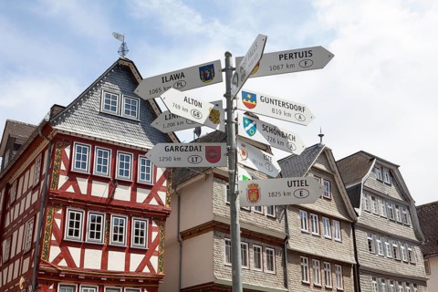 City hall, Buttermarkt butter market, Signpost, partner cities, historic old town of Herborn,