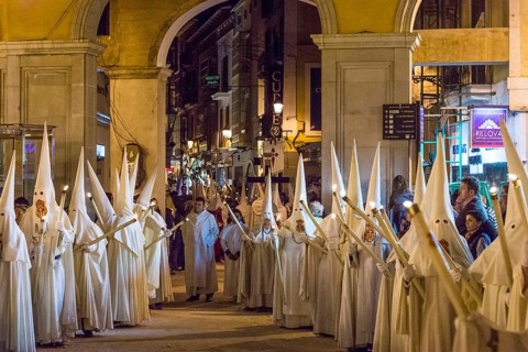 Hooded brothers, Holy Week in the Plaza Major, Holy Thursday procession, Palma, Mallorca, Balearic