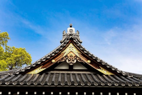 Temple roof. Decor element. Flower Temple by Kameido Tenjin. The temple is dedicated to the