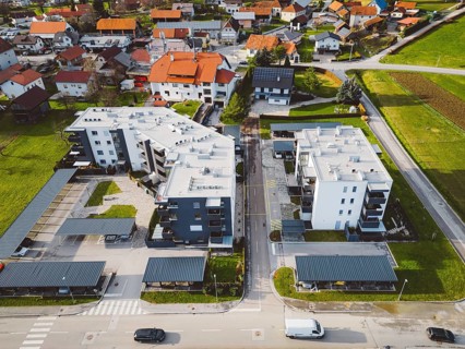 Drone view, aerial shoot of new build houses in the suburbs of Slovenia, somewhere in the country