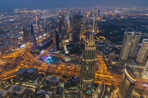 Sunset on the Burj Khalifa, Dubai, United Arab Emirates, Asia
