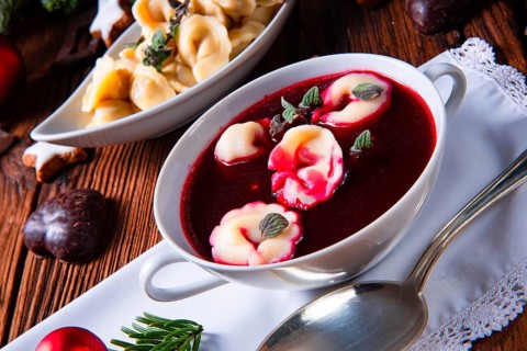 Christmas beetroot soup borscht with small dumplings