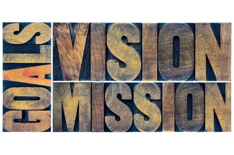 Goals, vision and mission typography abstract - a collage of isolated words in letterpress wood