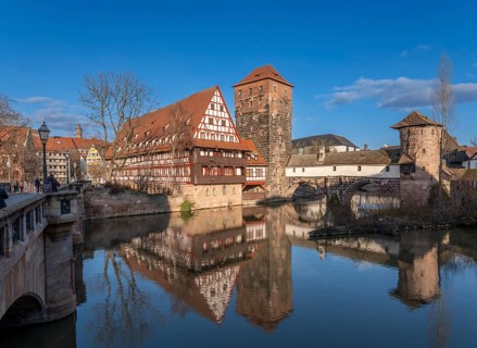 Maxbrücke, Weinstadel, water tower, Henkersteg, Henkerbrücke (from left), river Pegnitz, Old Town,