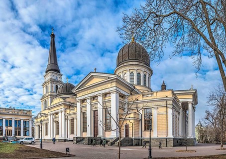 Odessa, Ukraine 16.02.2023. Spaso-Preobrazhensky Cathedral in Odessa, Ukraine, on a sunny winter