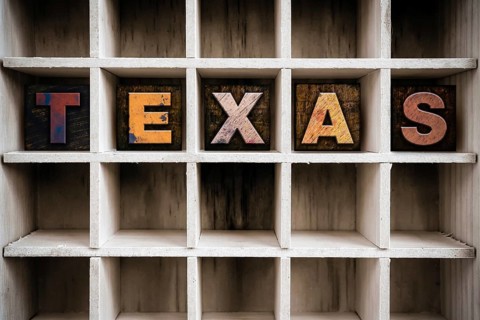 The word TEXAS written in vintage ink stained wooden letterpress type in a partitioned printer's