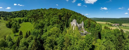 Historic site ruins of the Château de Löwenburg, drone image, Pleigne, Jura, Switzerland, Europe