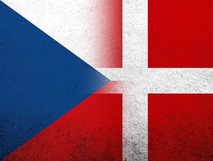 The Kingdom of Denmark National flag with National flag of Czech Republic. Grunge Background