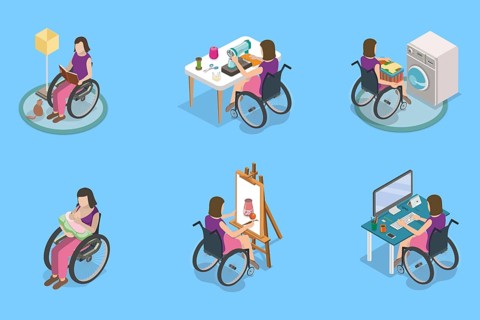3D Isometric Flat Illustration of Disabled Character and Household Chores, Home Tasks Completion
