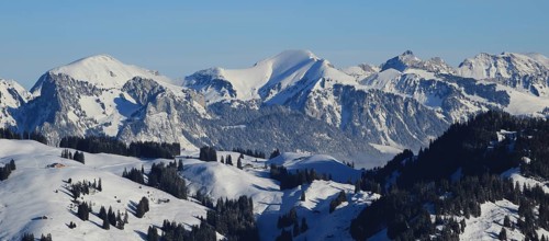 Snow covered mountain ranges seen from Horeneggli