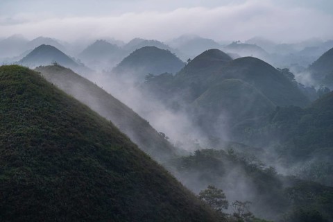 Chocolate hills on the island Bohol in the philippines at sunrise with mist and fog