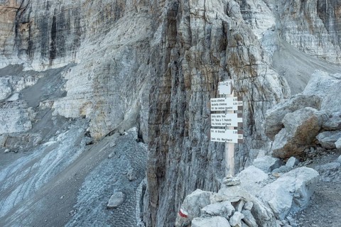Trekking direction indicators. Tourist paths directions and travel time shown on a traditional