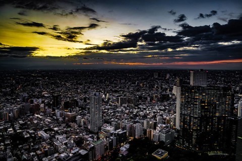 Shinjuku of city landscape and sunset visible from the observatory of the Tokyo Metropolitan