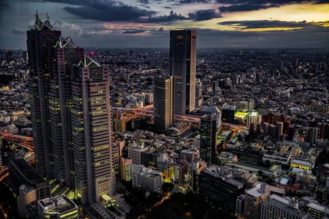 Shinjuku of city landscape and sunset visible from the observatory of the Tokyo Metropolitan