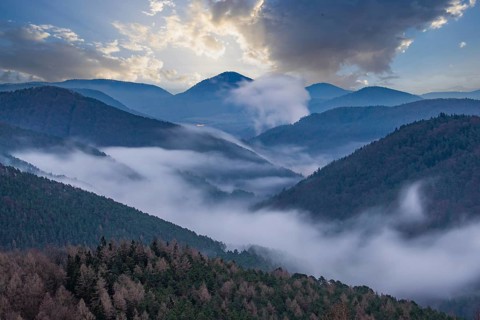Landscape shot with cloudy sky and fog in the valley. View from a rock in the middle of forest and