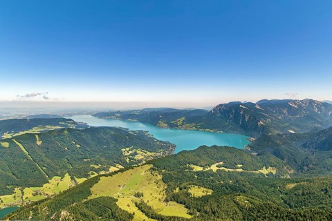 View of Alps mountain with Attersee lake from Schafberg mountain, Austria, Europe