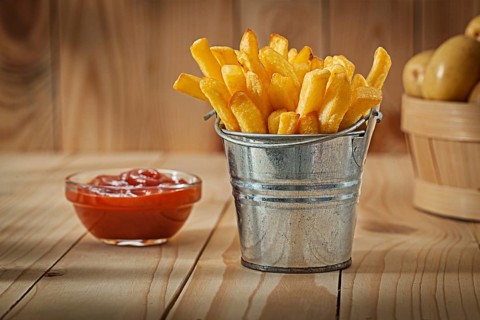 Fries Of Potato In Stilised Metalick Bucket Ketchup And Whole Potato