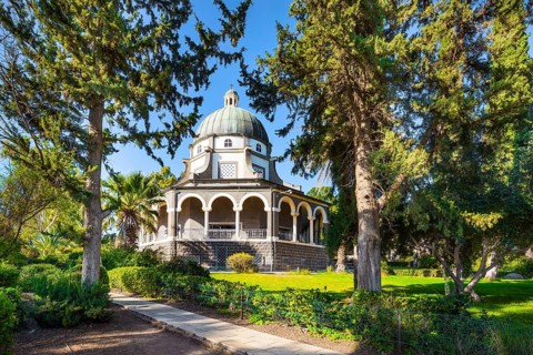 Blooming huge park around the monastery. The Lake Tiberias. Church of the Beatitudes. The church is