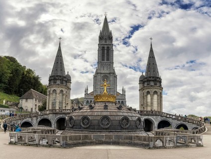 Lourdes, France, 17 April, 2024: view of the Sanctuary of Our Lady of Lourdes in the Pyrenean
