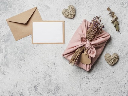 Zero waste Valentine's Day concept and mock up. Eco-friendly gift cloth wrapping in Furoshiki