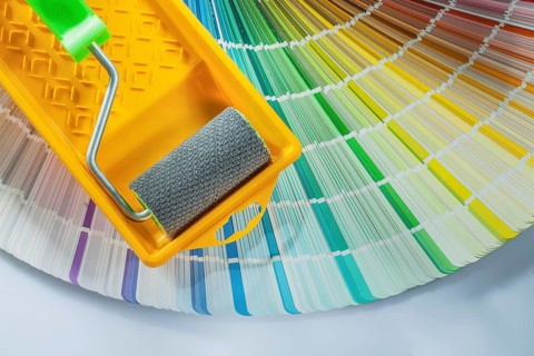 Paint roller tray color palette on white background