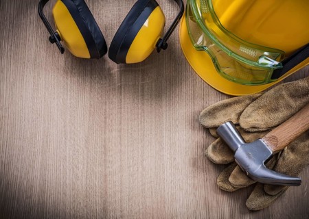 Claw hammer safety glasses protective gloves hard hat ear muffs