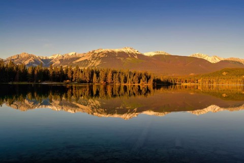Beautiful autumn landscape scene in mountain in background in Jasper National Park west Canada