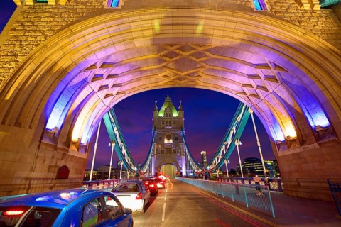 London Tower Bridge sunset on Thames river in England